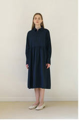 Tailored Collared Midi Linen Shirt Dress with Gathered Waist