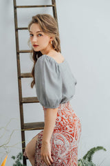 Silk blouse with puffed half sleeves and square neckline for elegant seasonal styling