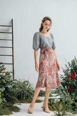 Silk blouse with puffed half sleeves and square neckline for elegant seasonal styling