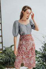 Silk blouse with puffed half sleeves and square neckline for elegant seasonal styling