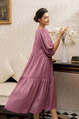 Flowy silk midi dress with puffed three-quarter sleeves and gathered tiered silhouette