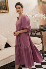 Flowy silk midi dress with puffed three-quarter sleeves and gathered tiered silhouette