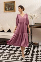 Flowy silk midi dress with puffed three-quarter sleeves and gathered tiered silhouette