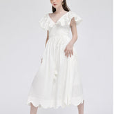 Ruffled sleeve organza midi dress with scalloped hem and gathered waist for romantic elegance