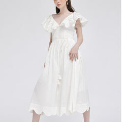 Ruffled sleeve organza midi dress with scalloped hem and gathered waist for romantic elegance