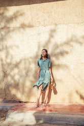 Short Sleeve Button-Front Silk Dress with Tie Waist