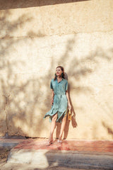 Short Sleeve Button-Front Silk Dress with Tie Waist