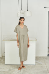 Relaxed V-Neck Linen Midi Dress with Gathered Waist