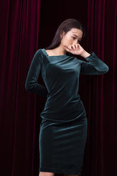 Velvet bodycon dress with asymmetrical neckline and pearl detail on shoulder