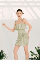 Silk draped mini dress with ruched side detail and tie shoulder straps