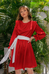 Silk mini dress with long sleeves and contrasting waist sash for a cinched silhouette