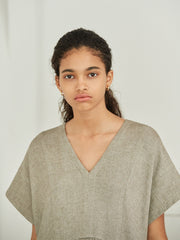 Relaxed V-Neck Linen Midi Dress with Gathered Waist