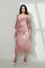 Silk Midi Dress with Square Neckline, Long Puff Sleeves and Tailored Waist for Formal Occasions