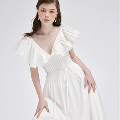 Ruffled sleeve organza midi dress with scalloped hem and gathered waist for romantic elegance