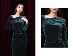 Velvet bodycon dress with asymmetrical neckline and pearl detail on shoulder