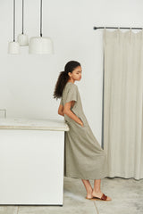 Relaxed V-Neck Linen Midi Dress with Gathered Waist