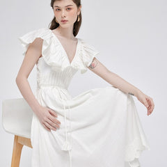 Ruffled sleeve organza midi dress with scalloped hem and gathered waist for romantic elegance
