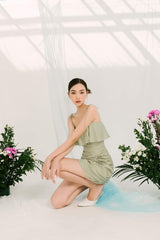 Silk draped mini dress with ruched side detail and tie shoulder straps