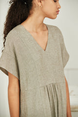 Relaxed V-Neck Linen Midi Dress with Gathered Waist