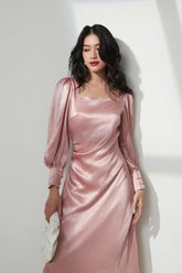 Robe midi en soie à encolure carrée, manches longues bouffantes et taille ajustée pour les occasions formelles