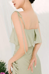 Silk draped mini dress with ruched side detail and tie shoulder straps