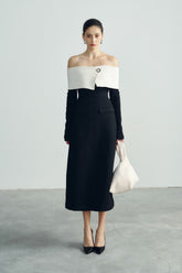 Off-Shoulder Midi Dress with Structured Bodice and Tailored Long Sleeves