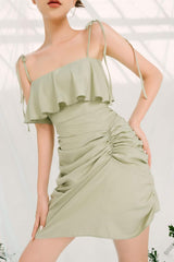 Silk draped mini dress with ruched side detail and tie shoulder straps