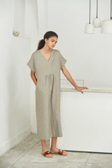Relaxed V-Neck Linen Midi Dress with Gathered Waist