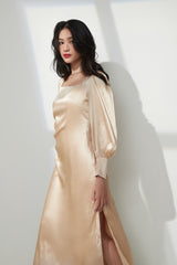 Elegant Satin Midi Dress with Puff Sleeves & Side Slit