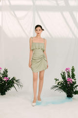 Silk draped mini dress with ruched side detail and tie shoulder straps