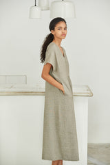 Relaxed V-Neck Linen Midi Dress with Gathered Waist