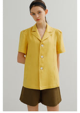 Linen Blouse with Short Sleeves and Tailored Notched Collar