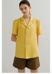 Linen Blouse with Short Sleeves and Tailored Notched Collar