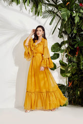 Romantic Ruffle Tiered Organza Dress with Flowing Silhouette and Flared Sleeves for Elegant Occasions