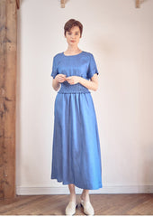 Linen Midi Dress with Smocked Waist and Short Sleeves