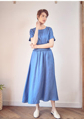 Linen Midi Dress with Smocked Waist and Short Sleeves