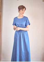 Linen Midi Dress with Smocked Waist and Short Sleeves