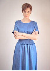 Linen Midi Dress with Smocked Waist and Short Sleeves