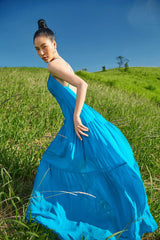 Silk Maxi Dress with Front Cut-Out and Flowing Skirt – Elegant Ruched Bodice Resortwear Gown