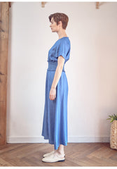 Linen Midi Dress with Smocked Waist and Short Sleeves
