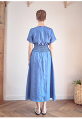 Linen Midi Dress with Smocked Waist and Short Sleeves
