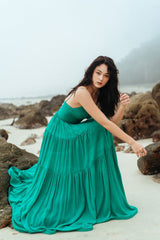 Silk Corset Maxi Dress with Ruched Bodice, Tiered Skirt, and Lace-Up Back for Elegant Events