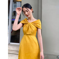 Off-shoulder silk midi dress with knotted front detail and elegant A-line silhouette