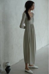 圆领高腰收腰棉质长裙