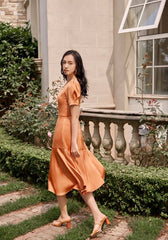 Silk Midi Dress with Puff Sleeves and Pleated Neckline