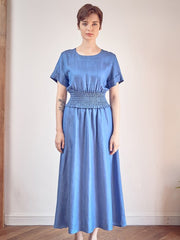 Linen Midi Dress with Smocked Waist and Short Sleeves