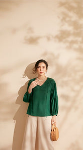 Silk Long Sleeve Blouse with V-Neckline and Gathered Cuffs