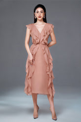Susie V Neck Sleeveless Ruffle Formal Organza Midi Dress