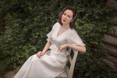 Silk Midi Dress with Tiered Flutter Sleeves and Ruffle Waist Detail for Feminine Daywear