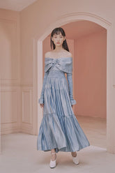 Leanne Long Sleeve Bardot Bow Detail Tiered Maxi Dress